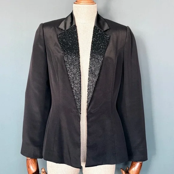 Vintage Laurence Kazar Beaded Silk Tuxedo Blazer | Size 6 | Black Evening Jacket - Picture 2 of 9